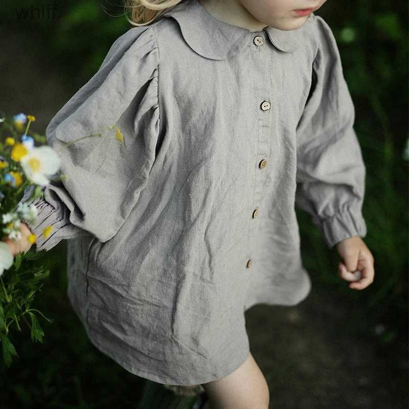Barnskjorta Autumn Retro Girls Long-Sleeve Cotton and Linen Shirts With Buttons New Baby Girl Casual Doll Collar Lantern Sleeve Tops TZ151C24319