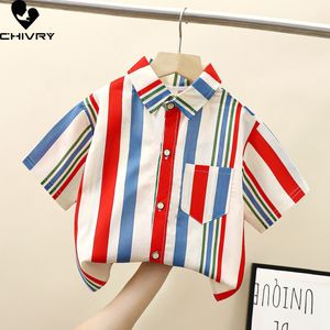 Kids Shirts Jongens Baby Boy Mode Korte Mouw Revers Singlebreasted Gestreepte Brief Print Shirt Tops Kinderkleding 230728