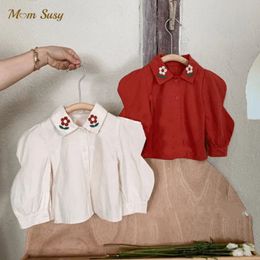 Kinderoverhemden mode babymeisje katoenen shirt baby peuter kind lange puff puff mouw sweatshirt bloem borduurwerk blouse babykleding 18m-7y 230317