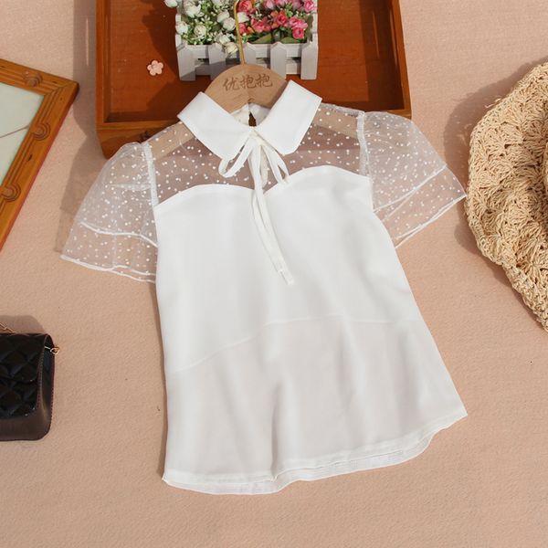 Camisas para niños, blusa de gasa a la moda para niñas, verano, niños, blanco, manga corta, cuello vuelto para adolescentes, camisetas básicas de encaje 230327