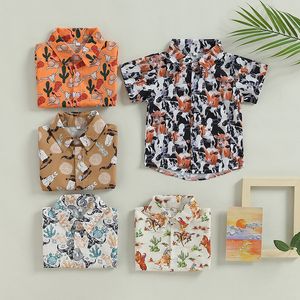 Kinderen Shirts Mode Zomer Kinderen Jongens Shorts Kleding Baby Jongens Cactus Vee Print Knop Korte Mouw Tops Vakantie Strand Blouse Shirts 230721