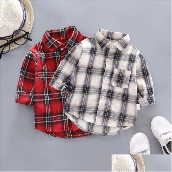 Chemises pour enfants Ienens Baby Shirt Vêtements minces Vêtements de printemps Infant Boy Plaid Coton Tops 1 2 3 4 ans Manches longues Vêtements pour tout-petits 2402 Dhpy6