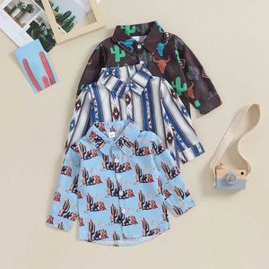 Kids shirts kinderen jongens shirts westerse stijl print lange mouw lange mouw turn down kraag knoppen peuter kleding blouses fall winter casual topsl2405