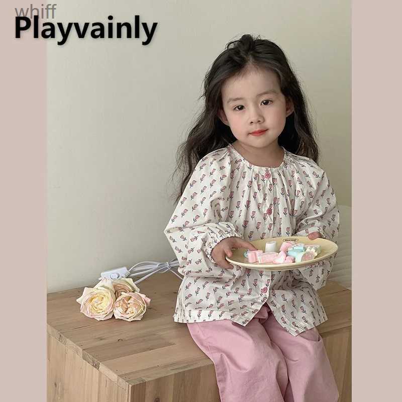 Barn skjortor koreansk stil ny vår höst flickor baby dolltröja rosa blommor tryck rund nacke puff hylsa blus mode barn kläder e2332c24319
