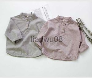 Camisas para niños, novedad de otoño 2023, camisas de lino y algodón para bebés, camisas de estilo coreano de Color puro para niños, camisetas de manga larga con cuello levantado para niños x0728