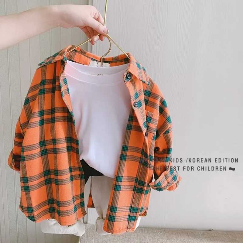 Barnskjorta Spring 100% Cotton Casual Plain Shirt Summer Randig skjorta Korean Baby Long Sleeved Shirt Boy Shirt School Girl Shirtl2405