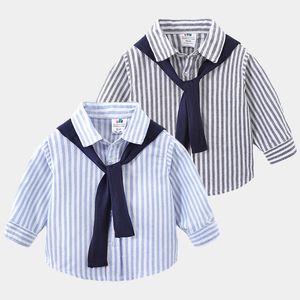 Kinderoverhemden Spring Herfst Fashion 2 3 4 6 8 10 jaar Kinderen Turndown Collar gestreepte shirt met lange mouwen met stropdas voor Baby Kids Boy 230321