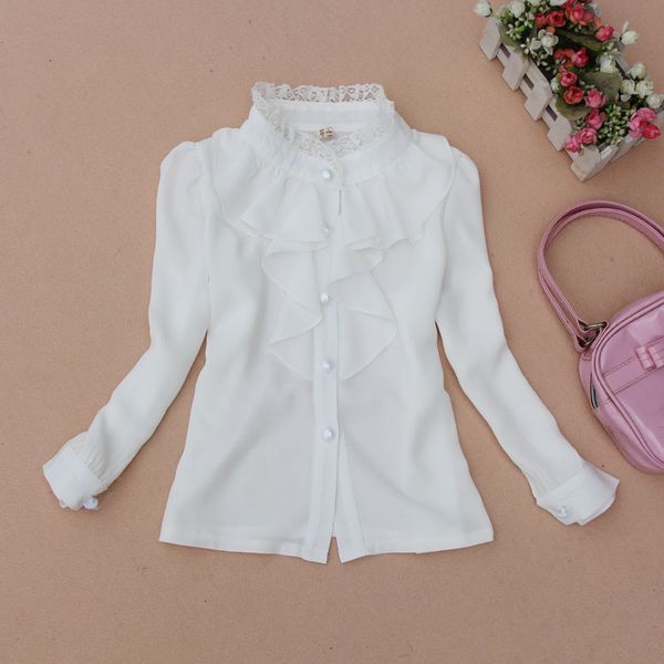 Enfants Chemises Printemps Automne 2-16 Y Mousseline De Soie Dentelle Bébé Grandes Filles Blouse Blanc Vêtements Enfant À Manches Longues École Fille Chemise Enfants Tops JW0263 230317