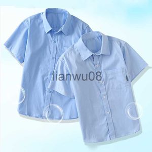 Kinderen Shirts Zomer Kinderen Blauwe Shirts voor Meisjes Schooluniform Blouses voor Jongen Korte Mouw Preppy Katoen Kinderkleding Vestidos 8 10 14 Y x0728