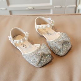 Kinderschoenen 2022 Spring Pu Leather Bow Rhinestone Bling Pearls Beading Girls Princess Shoes Childrens Girls Dance Show schoenen