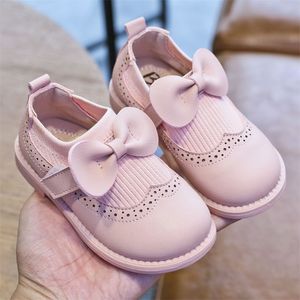 Zapatos de niños para niña Bowtie tejido Color sólido princesa zapatos otoño niña zapatos niños bebé zapato de cuero 210306