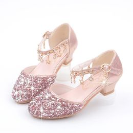 Enfants chaussures pour filles princesse à talons hauts mode enfants sandales paillettes en cuir fleur papillon noeud robe de soirée danse de mariage