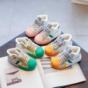 Zapatos para niños, zapatillas de deporte de cuero PU para niñas, algodón cálido de invierno, parte superior alta, informal, para niños X0703