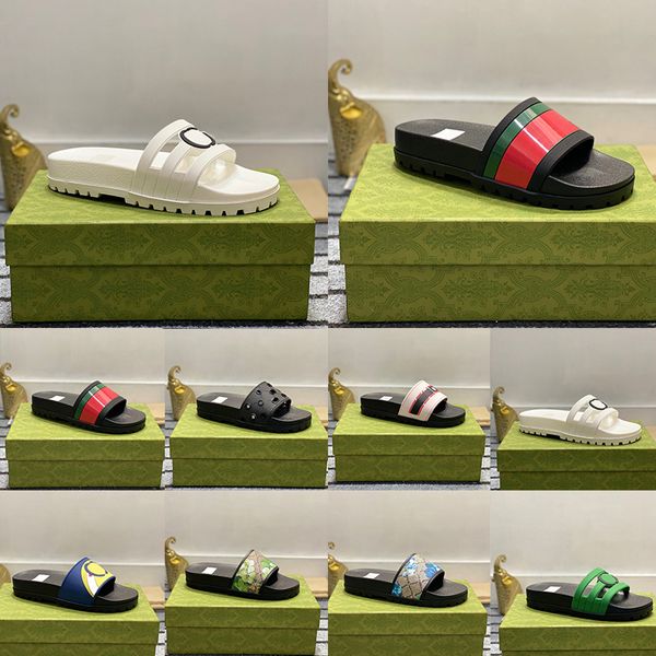 Diseñador de moda Sandalia deslizante de goma Brocado floral Hombres Zapatilla Fondos de engranajes Chanclas Mujeres Playa a rayas Zapatilla causal pantoufle