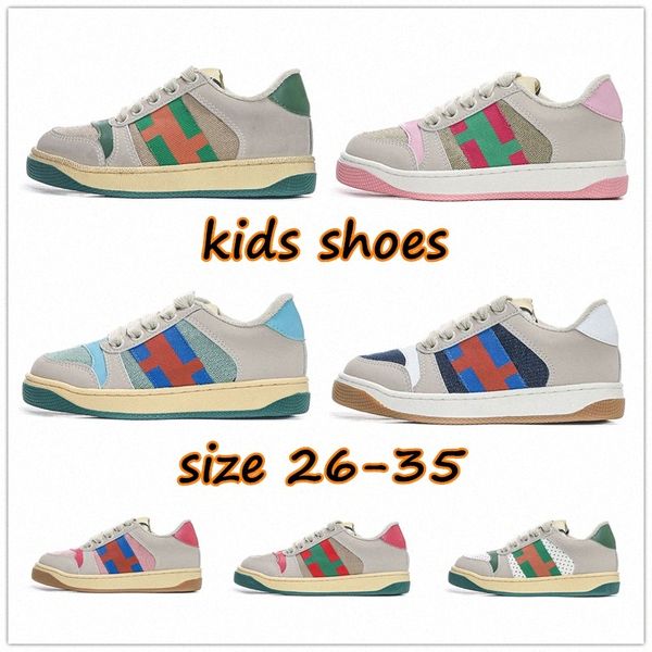 niños pequeños Screener Sneaker Beige Mantequilla Cuero sucio Italia Diseñadores Vintage Rojo y verde bebé niños Zapatillas Suela de goma Clásico 90y2 #
