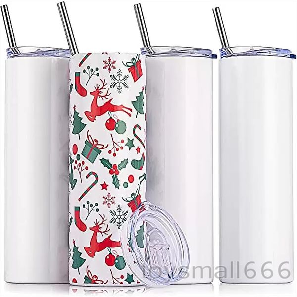 USA Stock Sublimation Blanks Gobelet droit 20 oz en acier inoxydable Double paroi isolée Tasse d'eau mince avec couvercle et paille