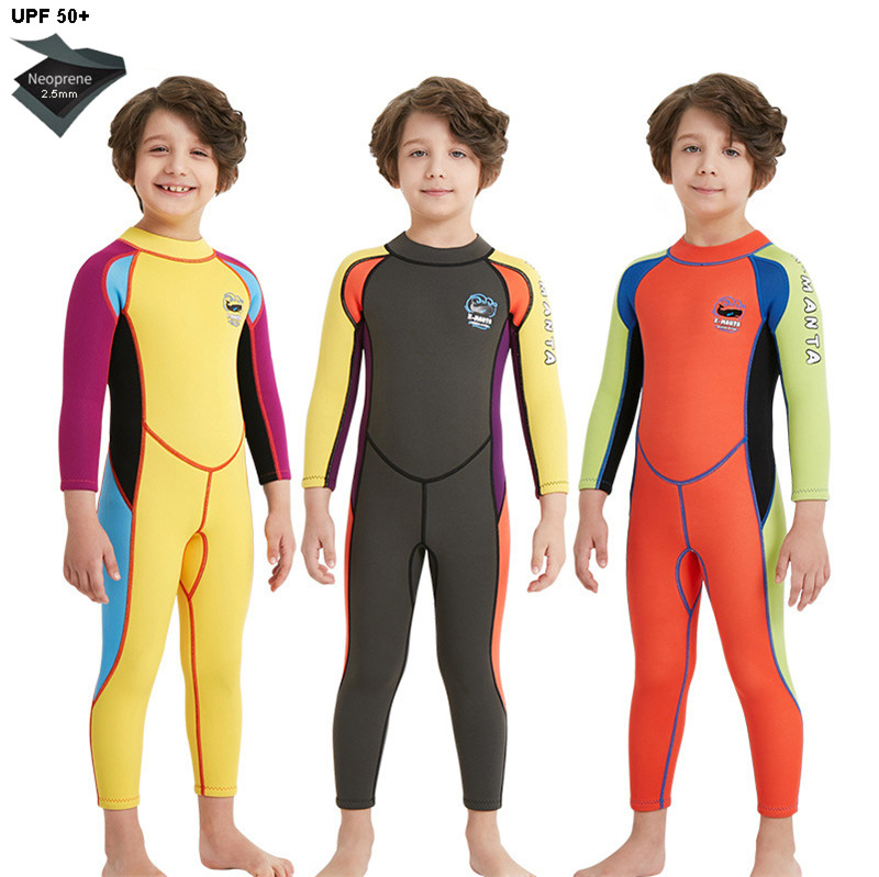 Çocuk 2.5mm Neopren Yüzme Giyim Erkekler Sıcak Uzun Kollu Mayo Tutun Çocuklar Şnorkel Dalış Takımı Wetsuit Boy Setsuit Güneş Koruma Tek Parçalı Mayo Takım