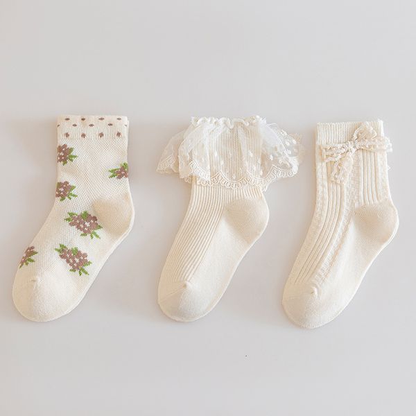 Calcetines para niños Medias de encaje para niñas de 1 a 12 años 3 pares / lote Dulce lazo de flores Princesa Manguera para bebés Calcetines suaves y transpirables para niños 230408