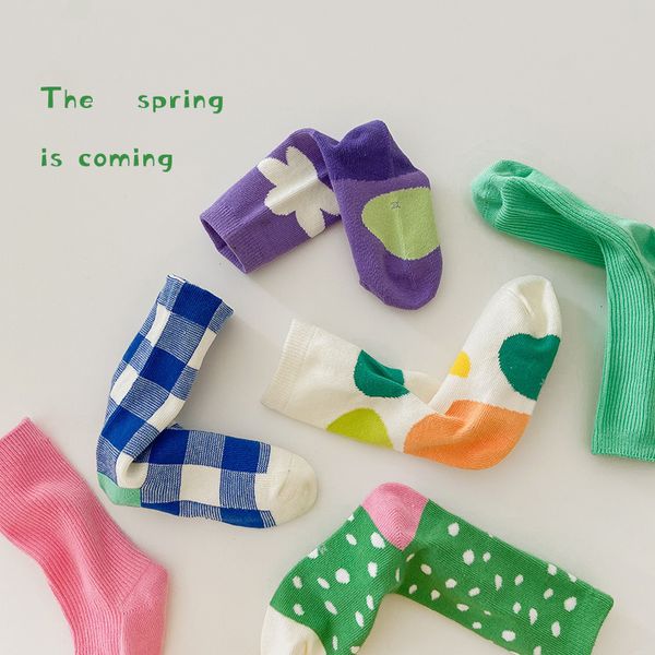Kids Socks 1088 Calcetines para niños, venta al por mayor, 3 par/lote, calcetines florales a cuadros a juego de colores de primavera, calcetines de algodón con burbujas para niñas de viento rural 230926