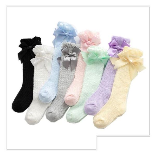 Chaussettes pour enfants 2021 Baby Girls Little Bow Genou High Résille Enfant Bowknot dans Tube Kid Hollow Out Sock Drop Livraison Vêtements de maternité Dhlet