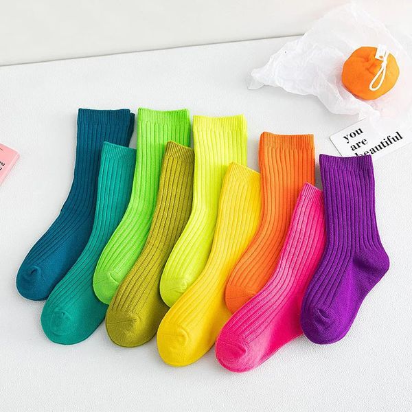 Chaussettes pour enfants 3 paires automne hiver enfants chaussettes garçons filles doux double aiguille coton tube chaussettes enfants solide couleur bonbon chaussettes de sport 231025