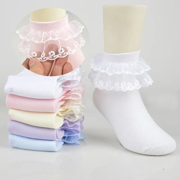 Chaussettes pour enfants 3 paires de coton dentelle à volants princesse maille chaussettes respirantes enfants cheville chaussette courte blanc rose bleu bébé filles enfants enfant en bas âge 231025