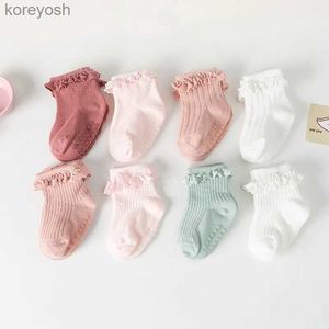 Kinderen Sokken 3 Paren/partij Baby Baby Pasgeboren Katoen Effen Kleur Kant Ruche Baby Vloer Baby Meisjes Kleding AccessoiresL231114