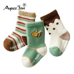 Kindersokken 3 paar sokken voor jonge kinderen, geboren baby's, wandelaars, winter, dikke badstof, katoen, meisjes, herfst, babyjongens, antislip, schattige sokken 05T 231013