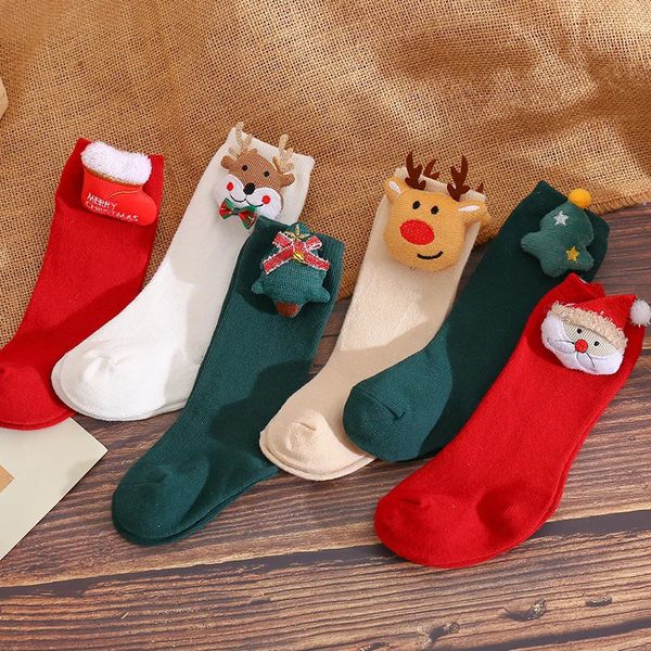 Chaussettes pour enfants 3 paires de Noël Année Enfants Mignon Dessin Animé Animal Noeud Bas Coton Doux Couleur Unie Né Bébé Genou 231019