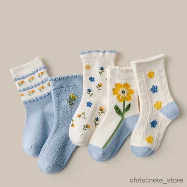Calcetines para niños 5 pares de calcetines medianos para niños primavera otoño algodón niñas niños calcetines flores patrón de dibujos animados para niños accesorios de ropa para bebés R231204