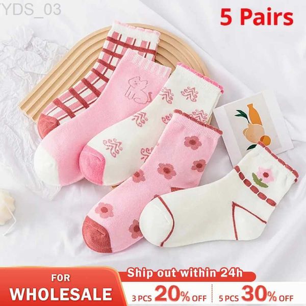 Chaussettes enfants 5 paires rose fleur tricot chaud chaussettes pour enfants pour filles chaussettes enfants femmes mignon dessin animé moyen bas YQ240314