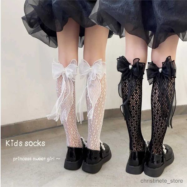 Chaussettes pour enfants bébé été section mince chaussette bowknot bourgeon bas de soie fille chaussettes longues dentelle princesse chaussettes de veau enfants genou haut bas