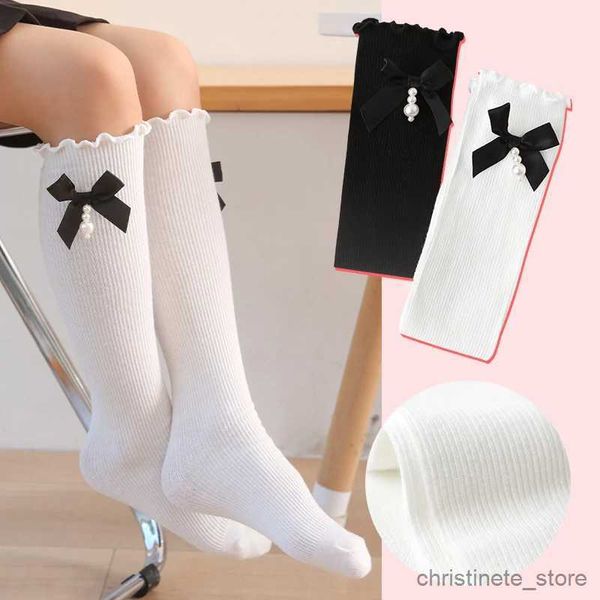 Calcetines para niños y niñas, calcetín largo con borde con volantes, lazo de perlas encantador, calcetines hasta la rodilla, medias de algodón para bebés y niños