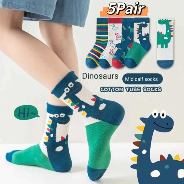 Chaussettes pour enfants Chaussettes pour enfants 5 paires d'automne et d'hiver nouveau dinosaure mi-mollet printemps et automne garçons et filles bébé moyen et grand enfant YQ240314