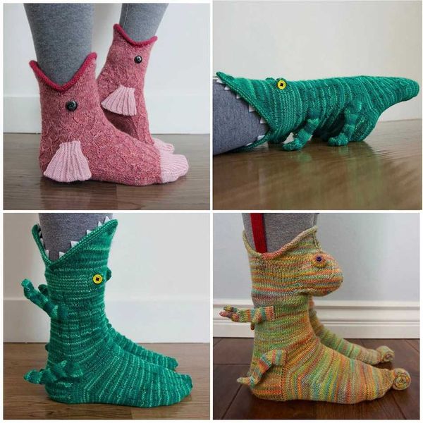 Chaussettes pour enfants kid halloween cosplay animal tricot long chaussettes de Noël pour adultes crocodile dinosaure shark tube moyenne de fête de fête de fête D240528
