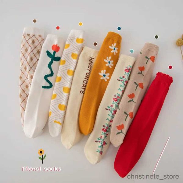 Chaussettes pour enfants filles coréennes mignon point de fleur bas thermiques automne coton tricot mode florale genou haute chaussettes longues pour enfants bébé