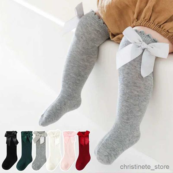 Calcetines para niños, calcetines nuevos para niños pequeños, lazo grande para chicas hasta la rodilla, calcetines largos de algodón suave para bebés, calcetines bonitos de Color sólido para niñas