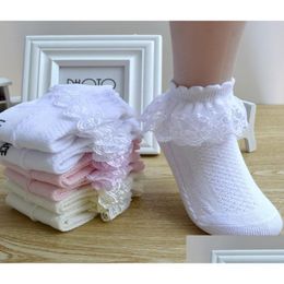Calcetines para niños Calcetines cortos de encaje de algodón con volantes Princesa Calcetín de malla para bebés bebés Niños Niños Blanco Rosa Azul Niña Gota Entrega Dhnk9