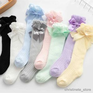 Chaussettes d'été pour bébés filles, chaussettes avec nœud en maille de coton, chaussettes hautes respirantes pour enfants en bas âge, mignonnes longues chaussettes roses blanches de 0 à 3 ans R231125