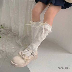 Chaussettes pour enfants printemps mince mailles enfants coréens genoue hauts longues mignonnes noir blanc avec volants en dentelle de nœud de nœud pour bébés filles