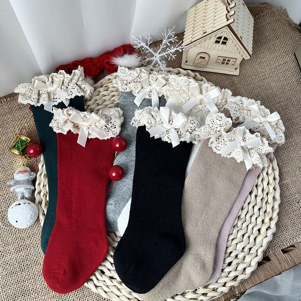 Calcetines para niños invierno otoño bebé niñas hasta la rodilla encaje con volantes calcetín largo algodón niños pequeños princesa Navidad Socken para 05 años 221125