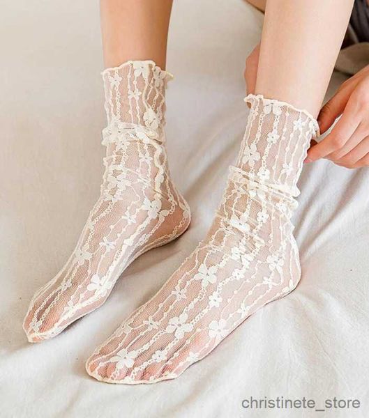 Calcetines para niños, calcetines sexis de encaje con flores a la moda, ultrafinos, transparentes, de verano, estilo japonés, calcetines de malla hueca, calcetines largos Retro Harajuku