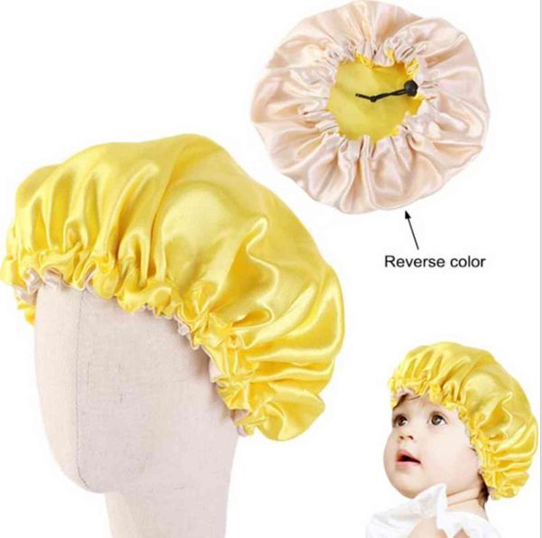 Niños Suave Reversible Bonnet Doble Lados Satén Tamaño Ajustable Sólido Dormir Noche Cap Bonnet Bebé Sombrero Para 2-7 Años Niños Y21111