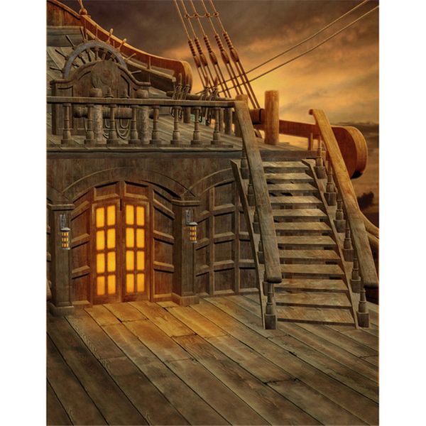 Enfants Scène Photographie Toile de Fond Pirate Bateau avec Escaliers Coucher de Soleil Paysage Fenêtre en Bois et Plancher Vintage Enfants Photo Fond pour Studio