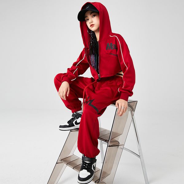 Vêtements Hip Hop Vêtements Hip Hop Red Crops Hoodie Tops Shirt Jogger Pantalon pour filles adolescents Jazz Dance Costume Vêtements de rue