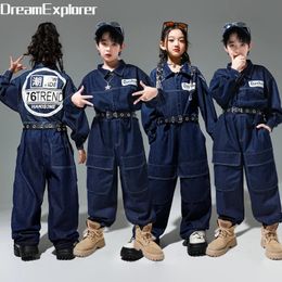 Kids Street Dance Denim overall Rompers Boys Hip Hop Bodysuit Girls Cargo Jeans broek jumpsuits Children Streetwear Dungarees 240515
