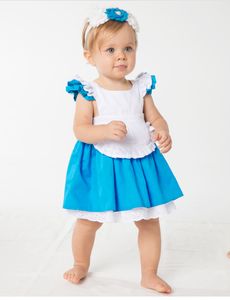 Robes de princesse d'été 100% coton pour enfants, 1-6T, jupes cosplay pour bébé fille, robes Alice Cendrillon, jupe à nœud blanc et bleu + bandeau = 2 pièces/ensemble