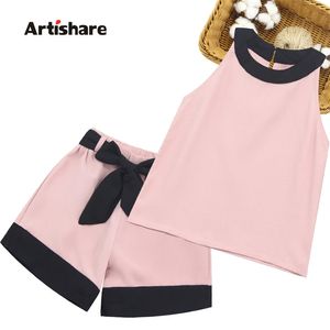 Kids Summer Dessen Girls Patchwork Set Vest   Short 2PCS Outfits voor casual stijl Big Bow Clothing 220507