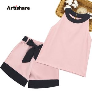 Kids zomer kleding meisjes patchwork set vest + korte 2 stks outfits voor casual stijl grote boog kleding 220326