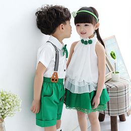 Kinderen zomer school uniform klasse pak boog t-shirt rok bib broek 2 stks baby jongen meisje kooruniformen kinderkleding set